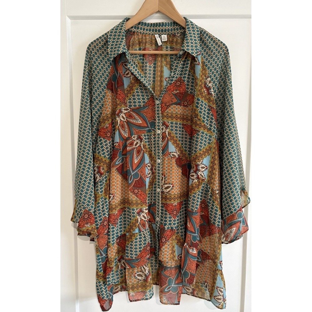 Cato Plus XL Tunic Top Multicolor Paisley Geometric Chiffon Button Up Flare Cuff